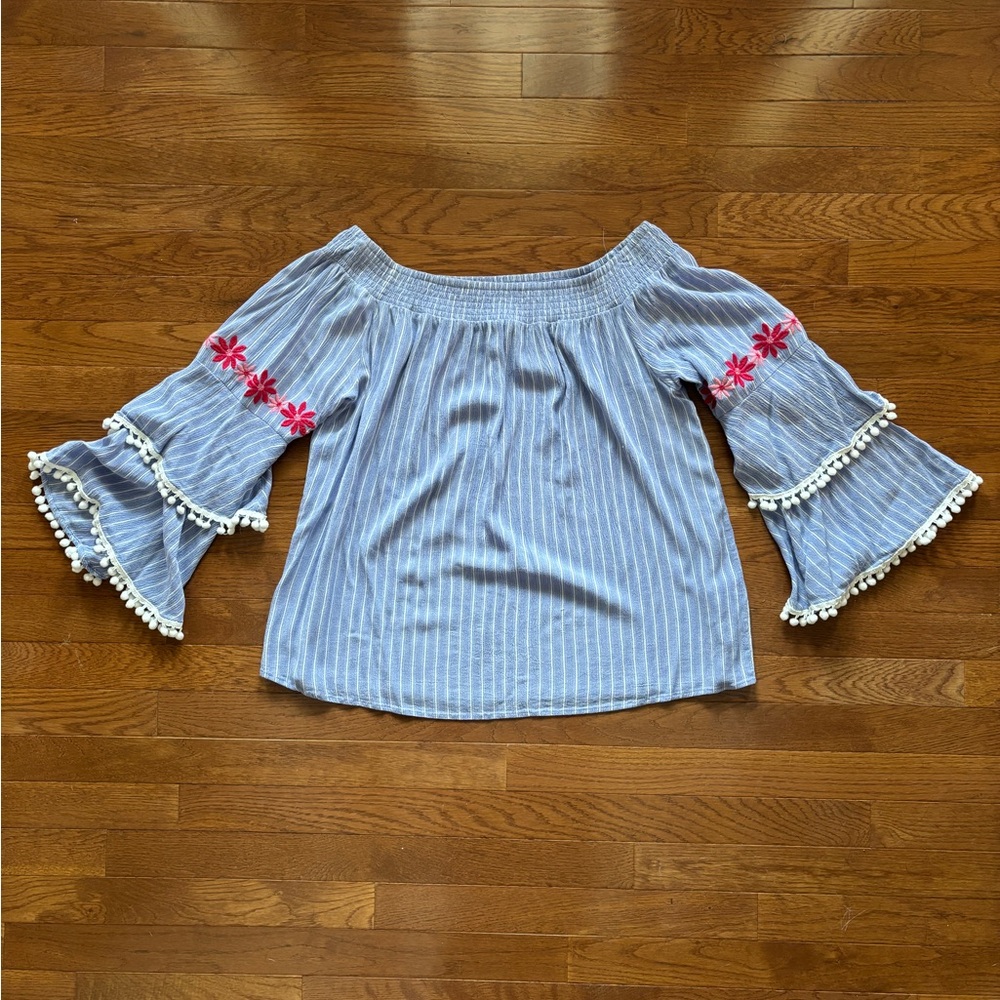 Striped Bell Sleeve Off Shoulder Blouse with Embroidery and Tassel Details